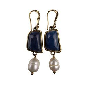 Gold Tone Womens Dangle Earrings With Blue Stones & Simulated Pearls Drop